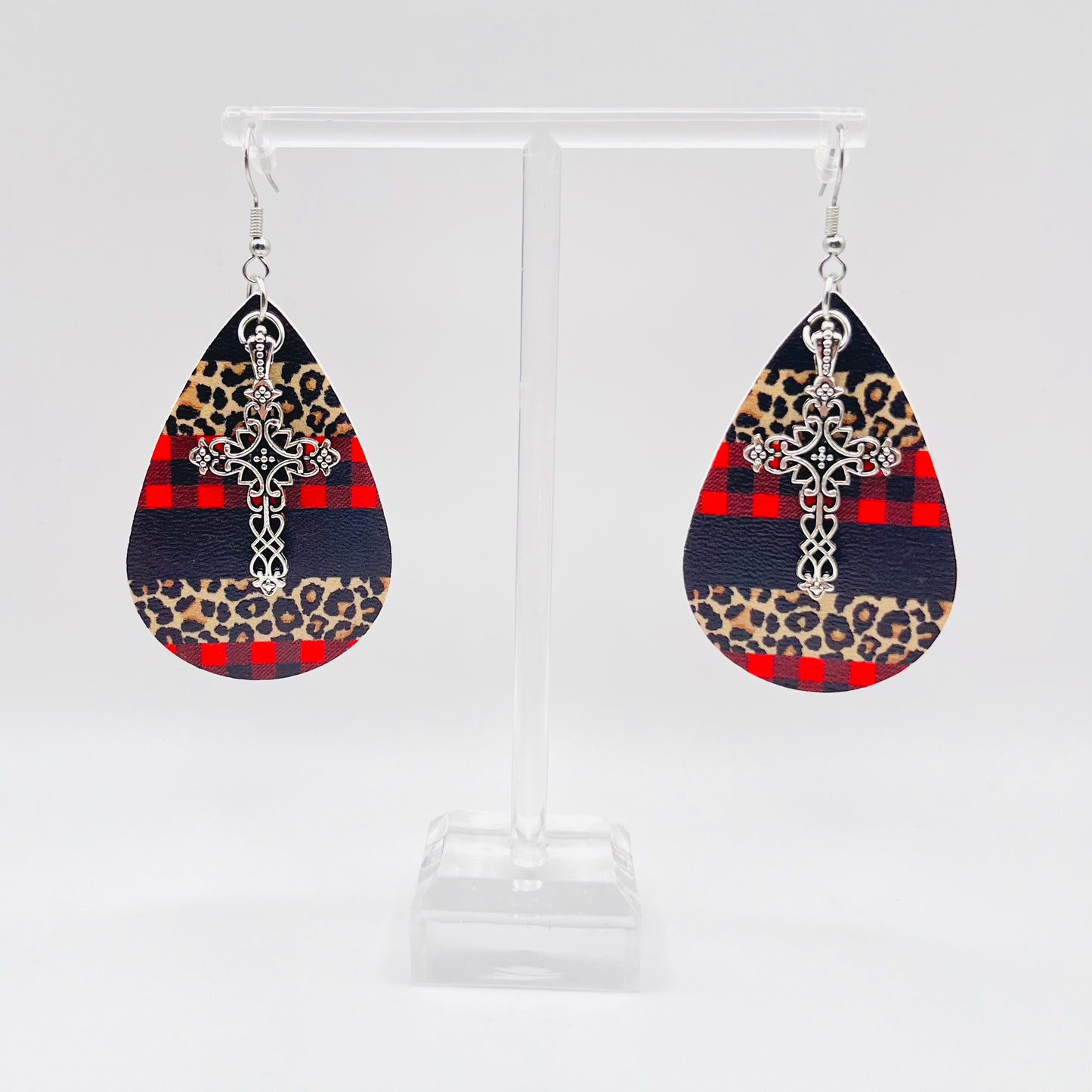 Faux Leather Multi Print Cross Earrings