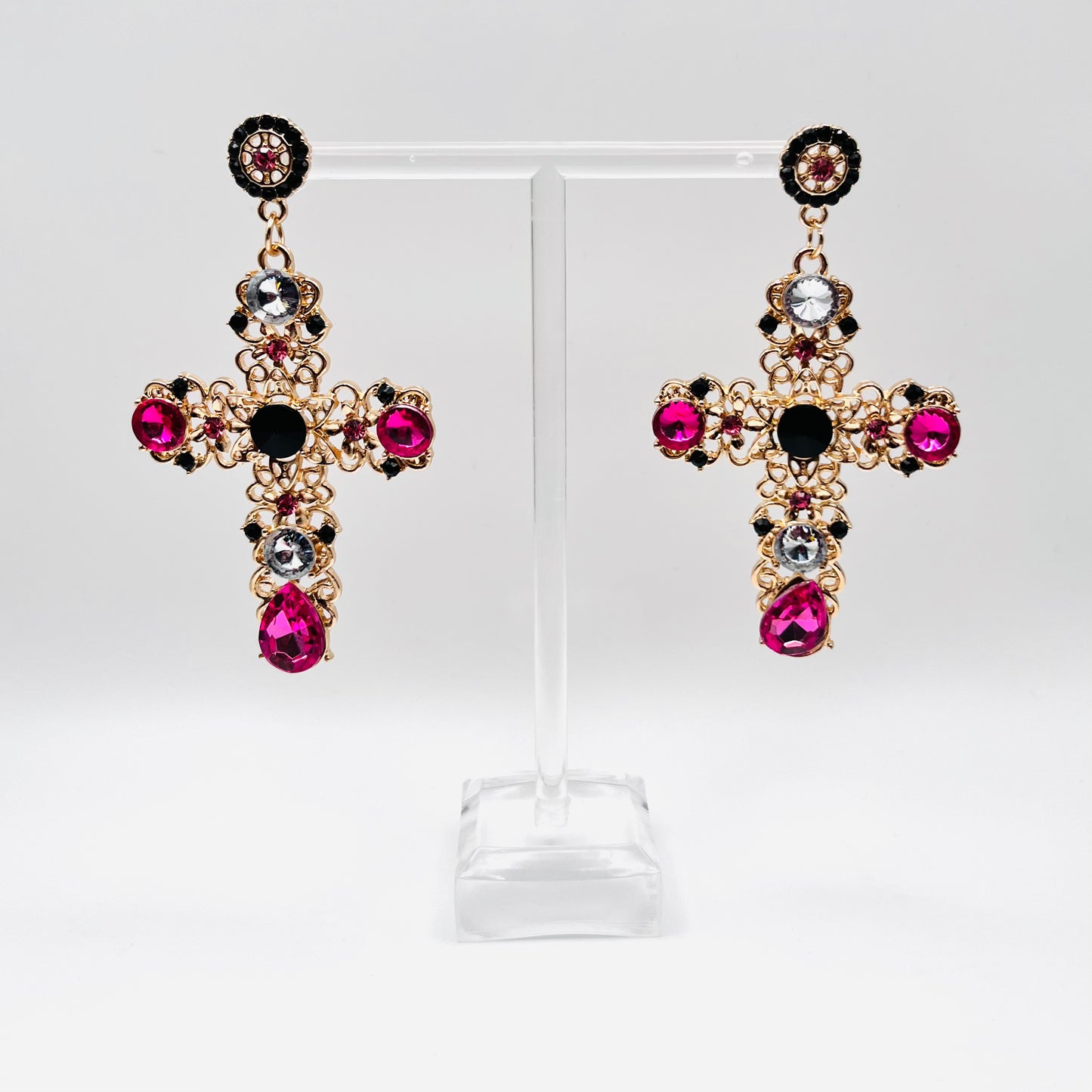 Pink Rhinestone Cross Earring