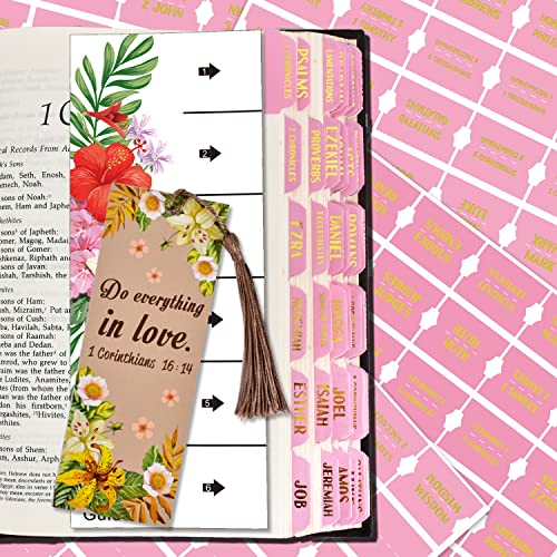 Bible Index Tabs New & Old Testament Tabs Matte Laminated Floral Design - 122 Pcs (Pink- Gold Foil)