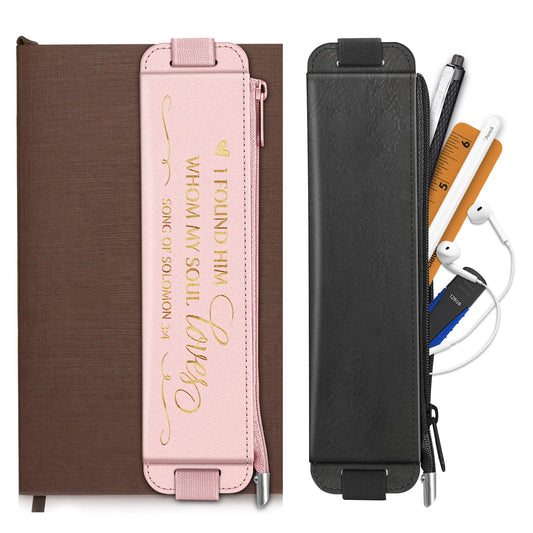 FINPAC 2-Pack Elastic Pencil Case for Notebook, Leather Pen Holder Stationery Zipper Bag for Pencils, Markers, Pen Pouch w/Elastic Band for Bible Journaling, Planners, Tablets (Rose Gold & Black)
